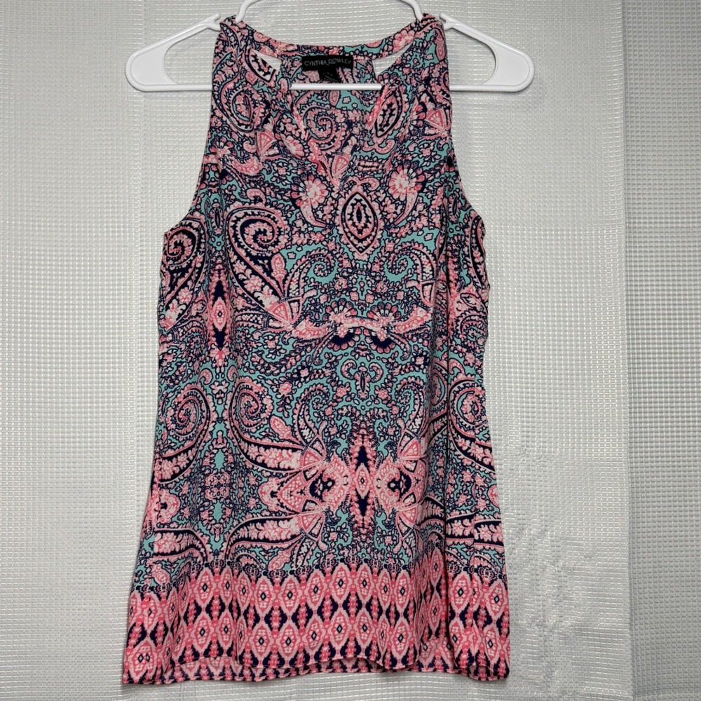Cynthia Rowley Tank Top S Pink Blue Paisley High Neck Sleeveless Blouse
